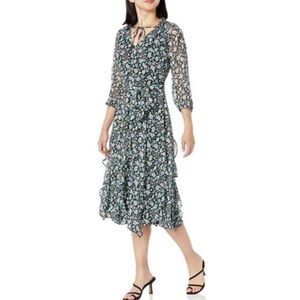 Floral Midi Dress with Tie Neck
